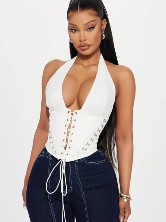 Fashion Nova Tops - Fashion Nova Cream Lace-Up Corset Halter Top